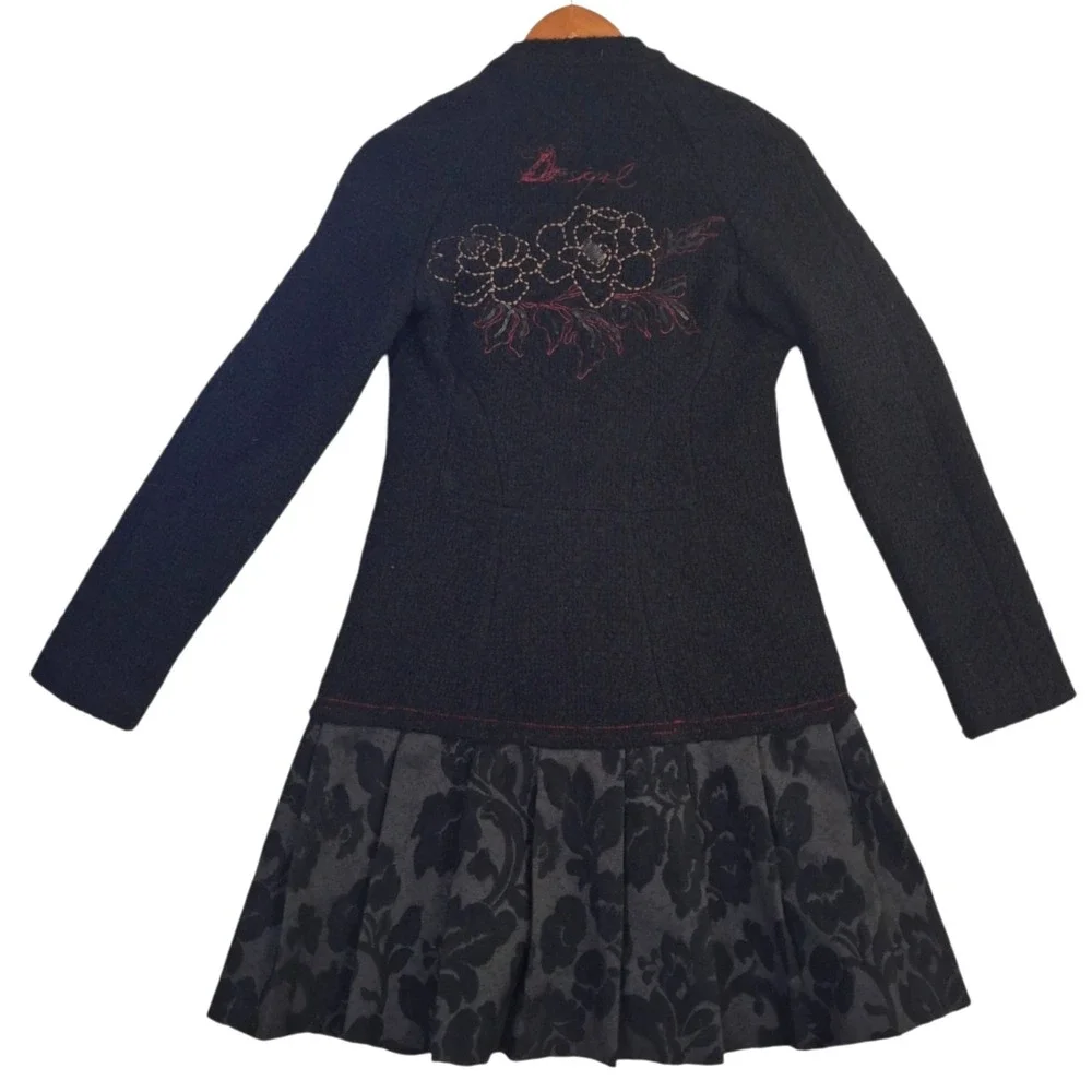 Desigual Black Boucle Wool Blend Floral Pleated Skirt Coat Jacket Womens 36